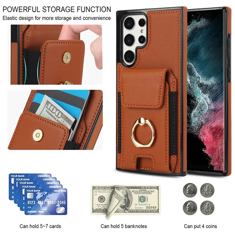 For Samsung Galaxy S22 Ultra 5G Case Card Holder Leather Coated TPU Kickstand Cover