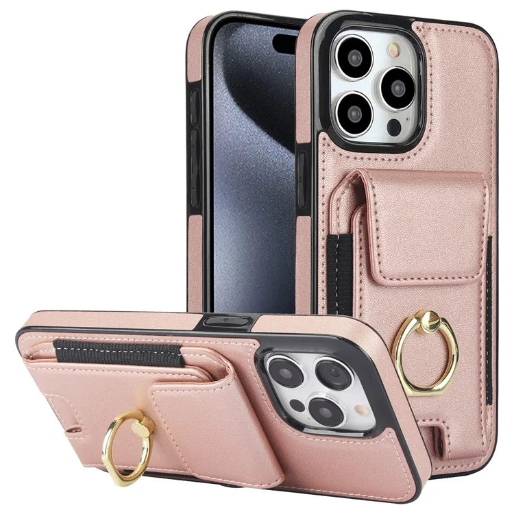 For iPhone 15 Pro Case PU Leather + TPU Anti-Drop Kickstand Phone Cover