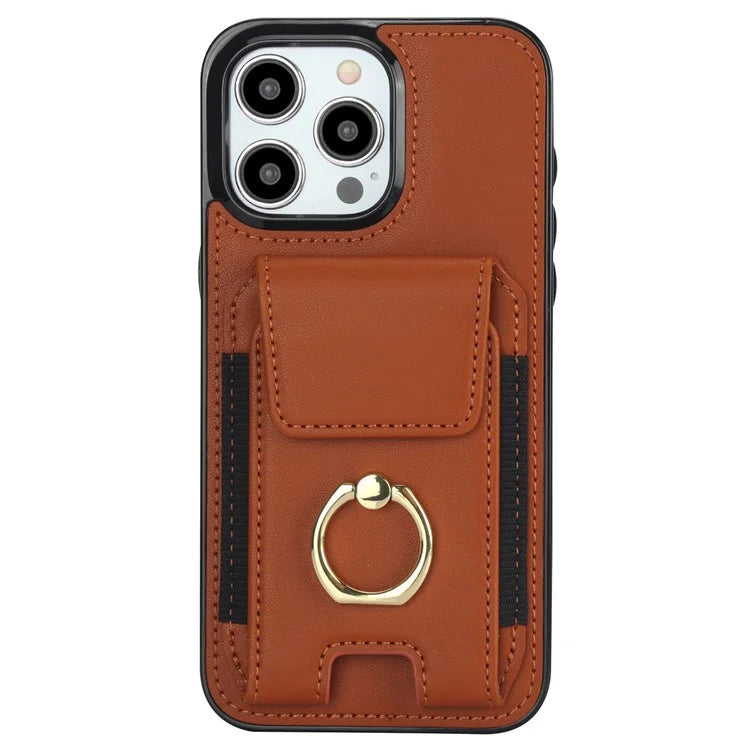 For iPhone 15 Pro Case PU Leather + TPU Anti-Drop Kickstand Phone Cover