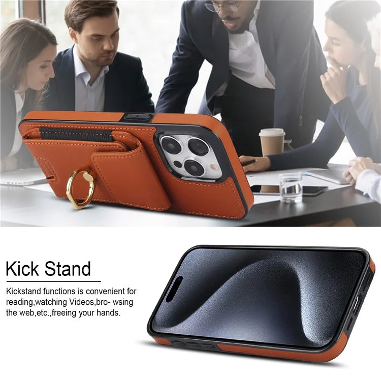 For iPhone 15 Pro Case PU Leather + TPU Anti-Drop Kickstand Phone Cover
