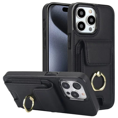 For iPhone 15 Pro Case PU Leather + TPU Anti-Drop Kickstand Phone Cover