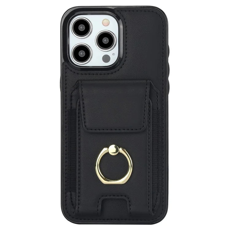 For iPhone 15 Pro Case PU Leather + TPU Anti-Drop Kickstand Phone Cover