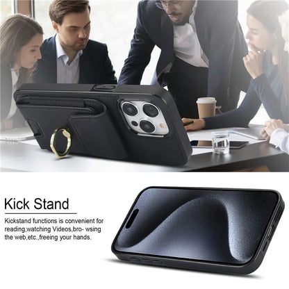For iPhone 15 Pro Case PU Leather + TPU Anti-Drop Kickstand Phone Cover