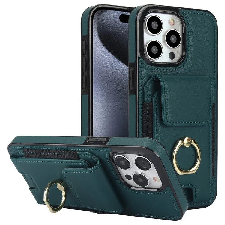 For iPhone 15 Pro Case PU Leather + TPU Anti-Drop Kickstand Phone Cover