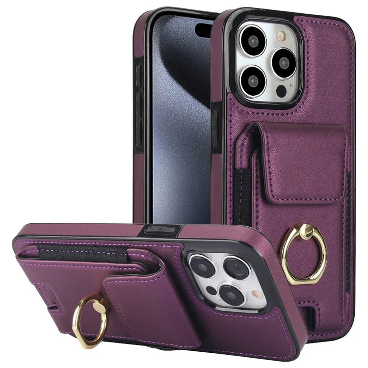 For iPhone 15 Pro Case PU Leather + TPU Anti-Drop Kickstand Phone Cover