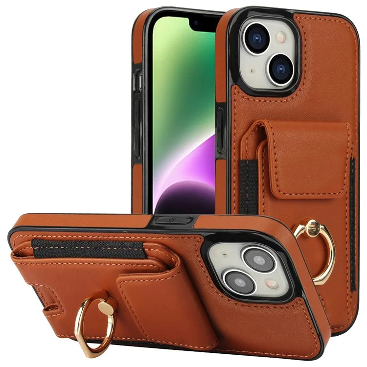 For iPhone 14 Plus Case PU+TPU Kickstand Card Holder Phone Cover