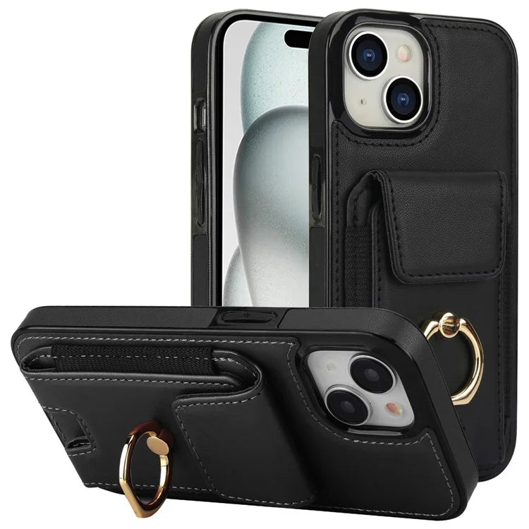 For iPhone 15 Plus Kickstand Case Drop-proof PU Leather+TPU Phone  Protector