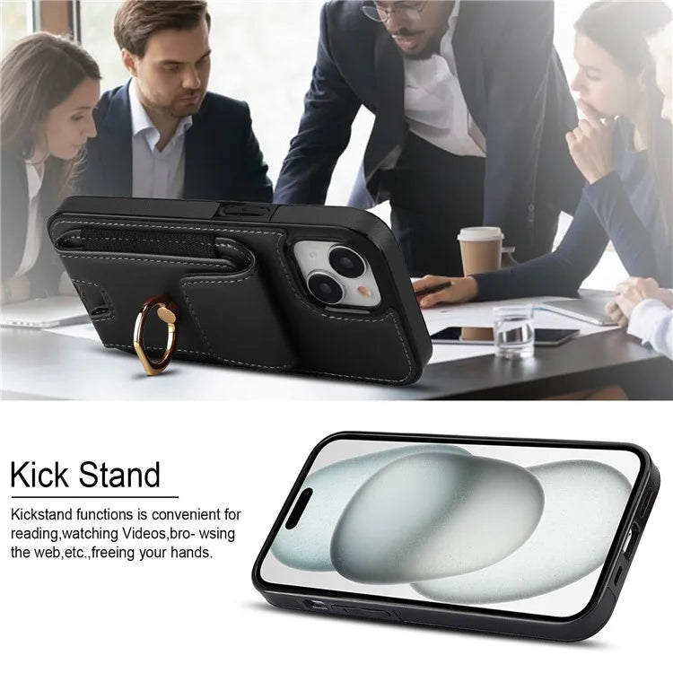 For iPhone 15 Plus Kickstand Case Drop-proof PU Leather+TPU Phone  Protector