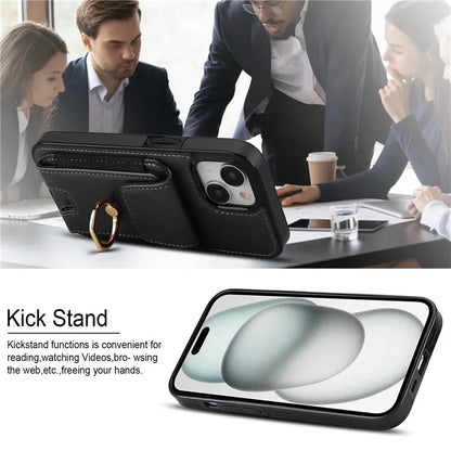 For iPhone 15 Plus Kickstand Case Drop-proof PU Leather+TPU Phone  Protector