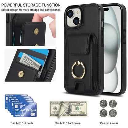 For iPhone 15 Plus Kickstand Case Drop-proof PU Leather+TPU Phone  Protector