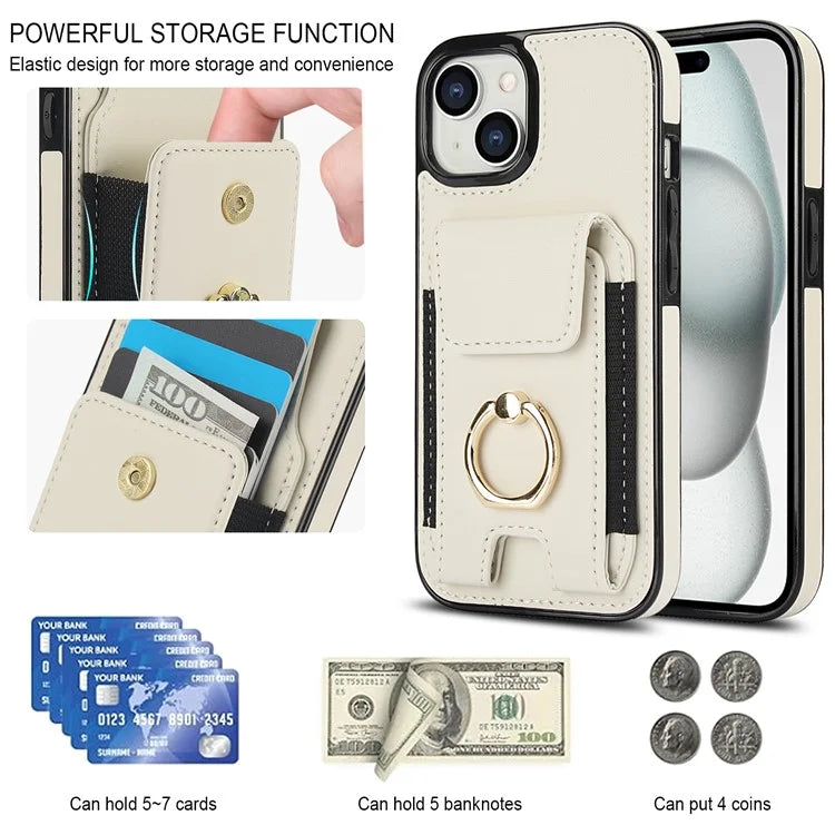 For iPhone 15 Plus Kickstand Case Drop-proof PU Leather+TPU Phone  Protector
