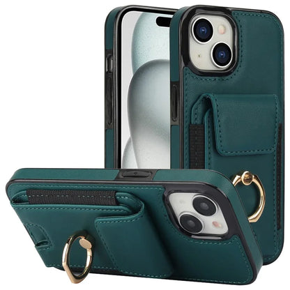 For iPhone 15 Plus Kickstand Case Drop-proof PU Leather+TPU Phone  Protector