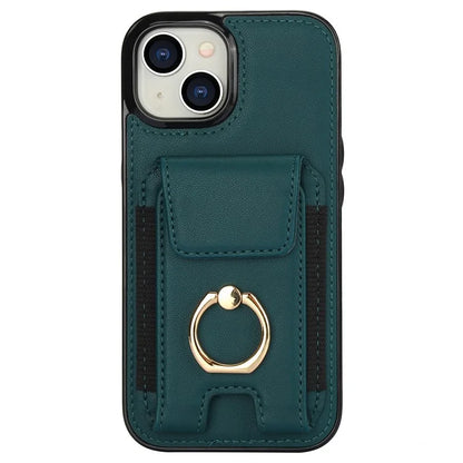 For iPhone 15 Plus Kickstand Case Drop-proof PU Leather+TPU Phone  Protector