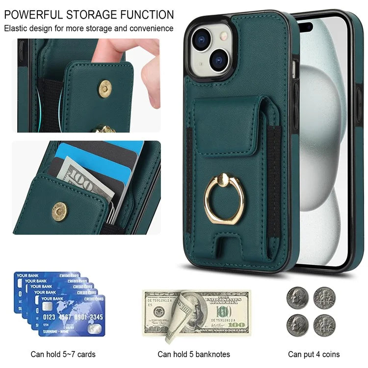 For iPhone 15 Plus Kickstand Case Drop-proof PU Leather+TPU Phone  Protector