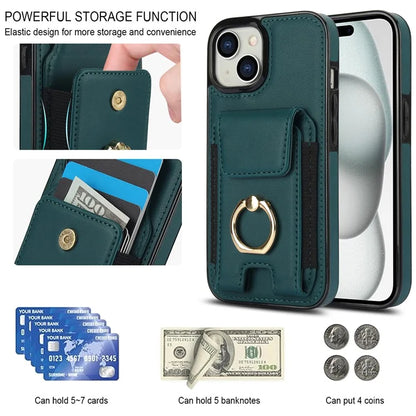 For iPhone 15 Plus Kickstand Case Drop-proof PU Leather+TPU Phone  Protector