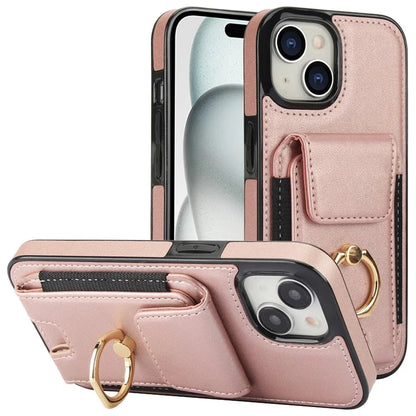 For iPhone 15 Plus Kickstand Case Drop-proof PU Leather+TPU Phone  Protector