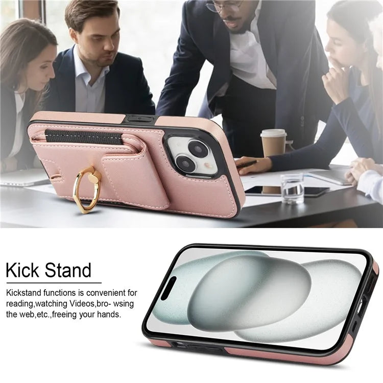 For iPhone 15 Plus Kickstand Case Drop-proof PU Leather+TPU Phone  Protector