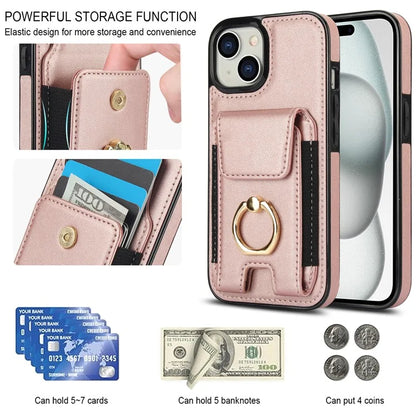 For iPhone 15 Plus Kickstand Case Drop-proof PU Leather+TPU Phone  Protector