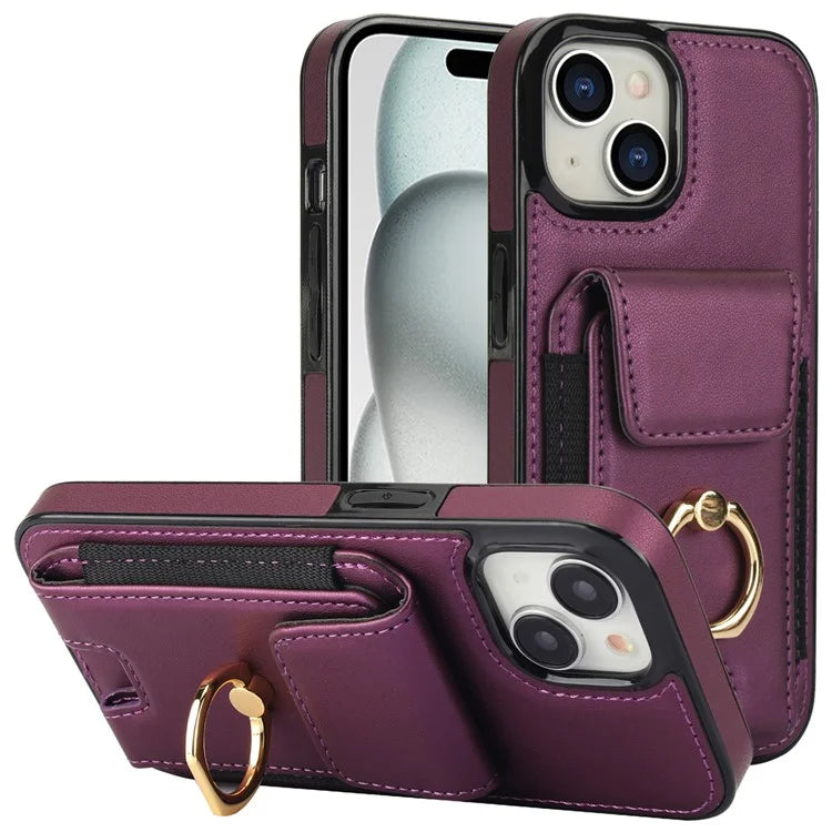 For iPhone 15 Plus Kickstand Case Drop-proof PU Leather+TPU Phone  Protector