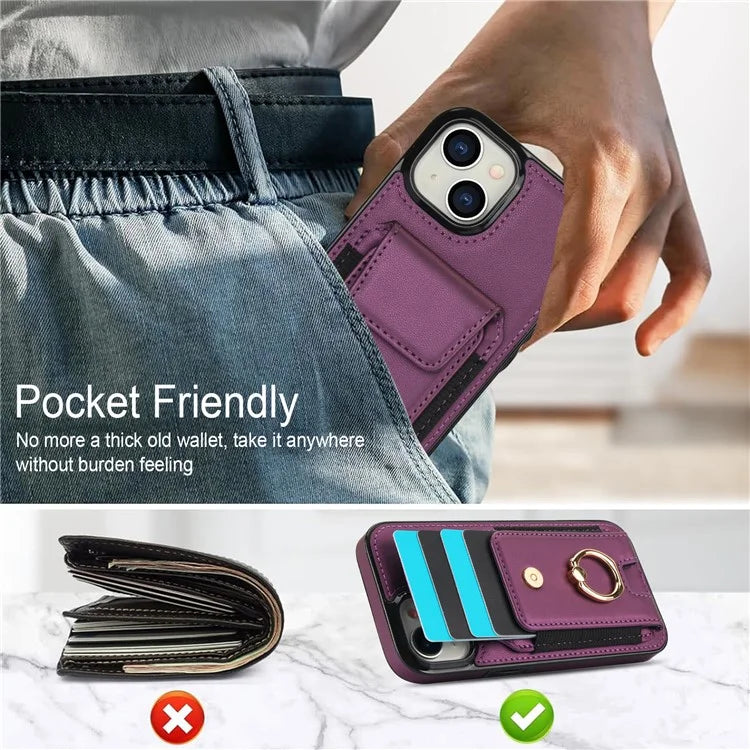 For iPhone 15 Plus Kickstand Case Drop-proof PU Leather+TPU Phone  Protector