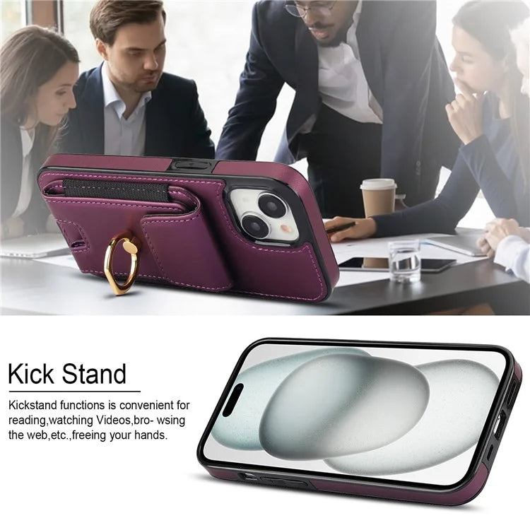 For iPhone 15 Plus Kickstand Case Drop-proof PU Leather+TPU Phone  Protector