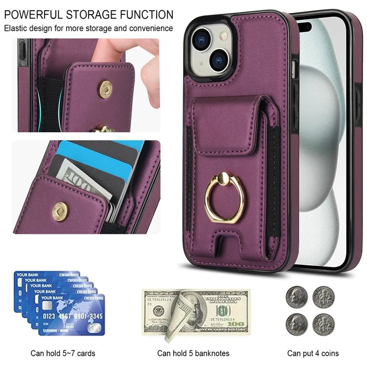 For iPhone 15 Plus Kickstand Case Drop-proof PU Leather+TPU Phone  Protector