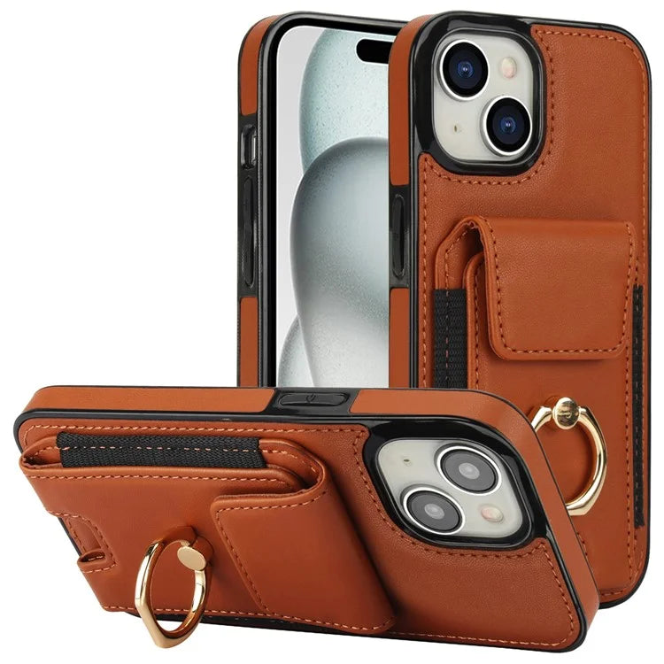 For iPhone 15 Plus Kickstand Case Drop-proof PU Leather+TPU Phone  Protector