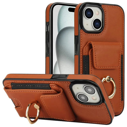 For iPhone 15 Plus Kickstand Case Drop-proof PU Leather+TPU Phone  Protector