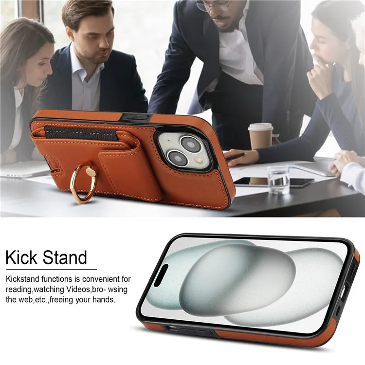 For iPhone 15 Plus Kickstand Case Drop-proof PU Leather+TPU Phone  Protector