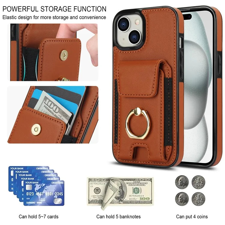 For iPhone 15 Plus Kickstand Case Drop-proof PU Leather+TPU Phone  Protector
