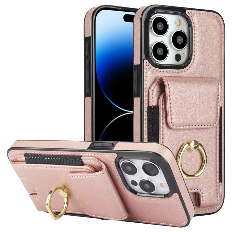 For iPhone 14 Pro Max Case Card Holder Kickstand Leather Coated TPU Phone Cover