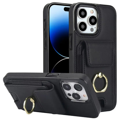 For iPhone 14 Pro Max Case Card Holder Kickstand Leather Coated TPU Phone Cover