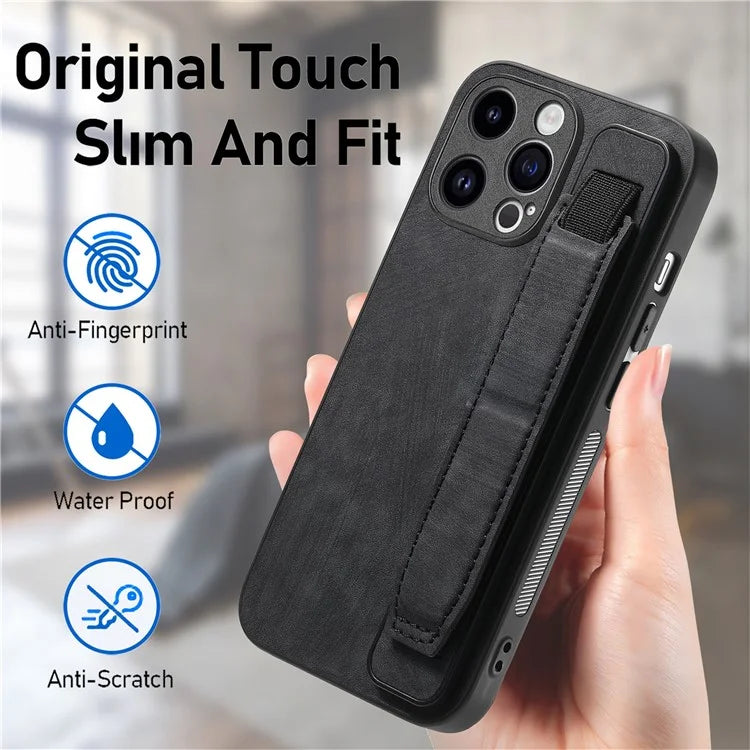 D11 For iPhone 14 Pro Max Wristband Case PU Leather+TPU Phone Shell