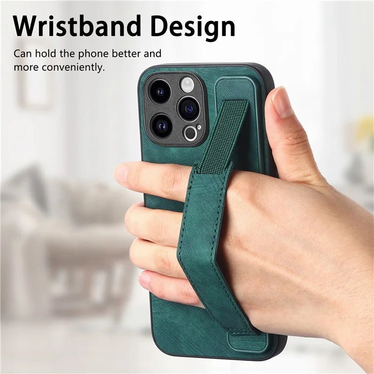 D11 For iPhone 14 Pro Max Wristband Case PU Leather+TPU Phone Shell