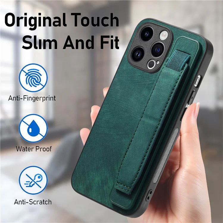 D11 For iPhone 14 Pro Max Wristband Case PU Leather+TPU Phone Shell
