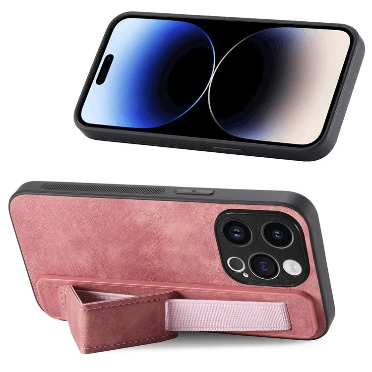 D11 For iPhone 14 Pro Max Wristband Case PU Leather+TPU Phone Shell