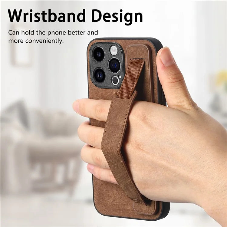D11 For iPhone 14 Pro Max Wristband Case PU Leather+TPU Phone Shell
