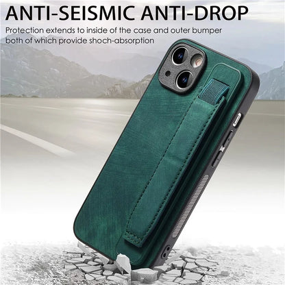 D11 For iPhone 13 6.1 inch Case PU Leather+TPU Wristband Kickstand Phone Cover