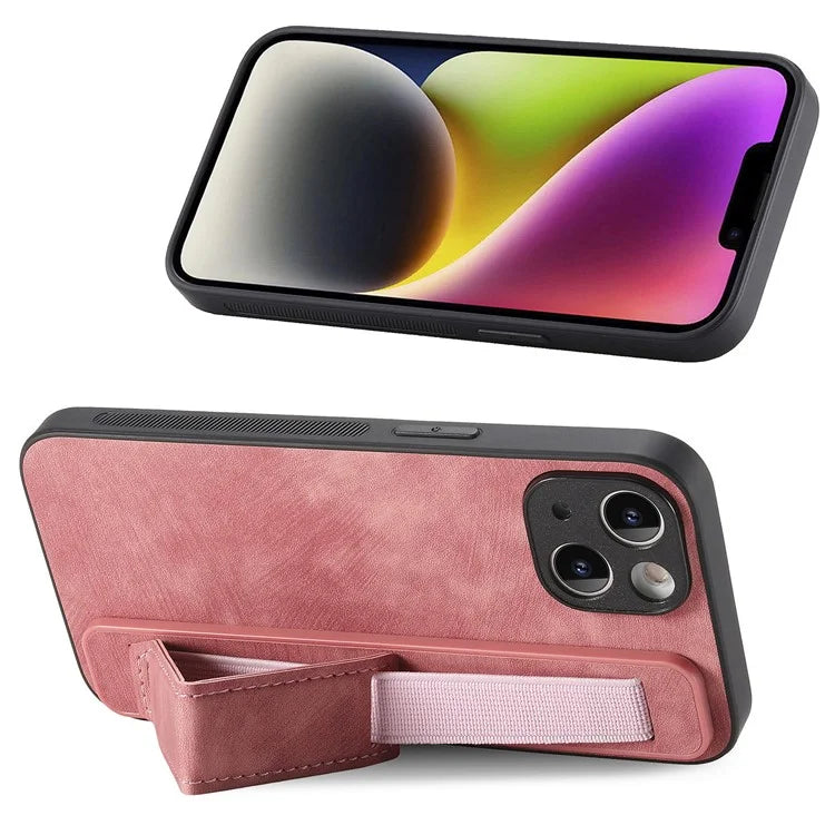 D11 For iPhone 13 6.1 inch Case PU Leather+TPU Wristband Kickstand Phone Cover