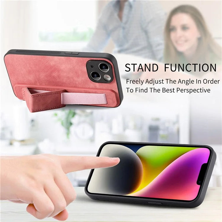 D11 For iPhone 13 6.1 inch Case PU Leather+TPU Wristband Kickstand Phone Cover