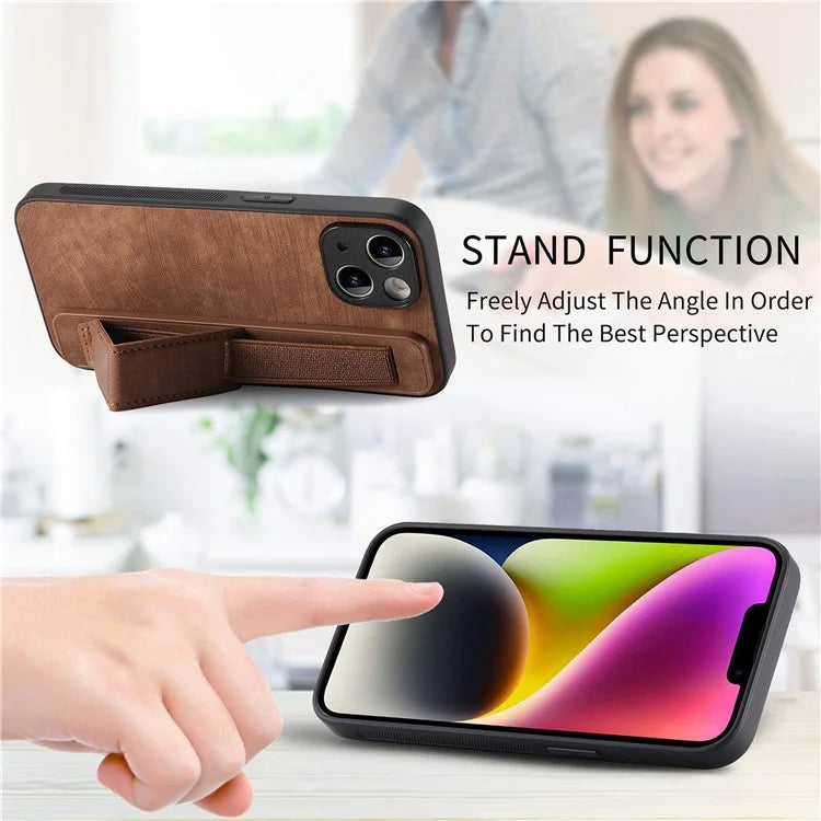 D11 For iPhone 13 6.1 inch Case PU Leather+TPU Wristband Kickstand Phone Cover