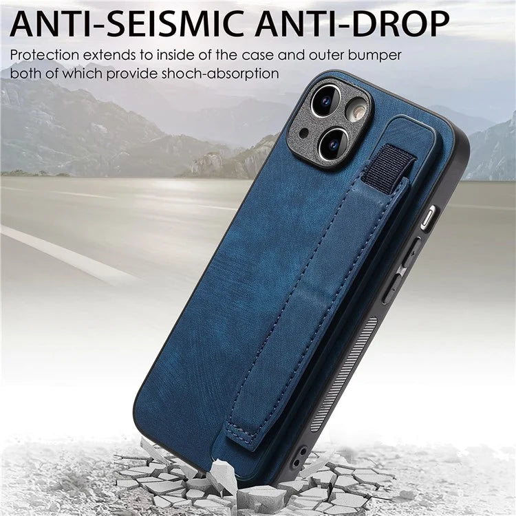 D11 For iPhone 13 6.1 inch Case PU Leather+TPU Wristband Kickstand Phone Cover