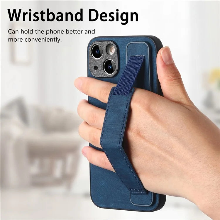 D11 For iPhone 13 6.1 inch Case PU Leather+TPU Wristband Kickstand Phone Cover