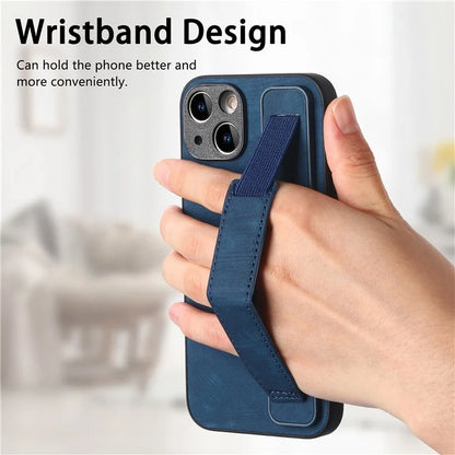 D11 For iPhone 13 6.1 inch Case PU Leather+TPU Wristband Kickstand Phone Cover
