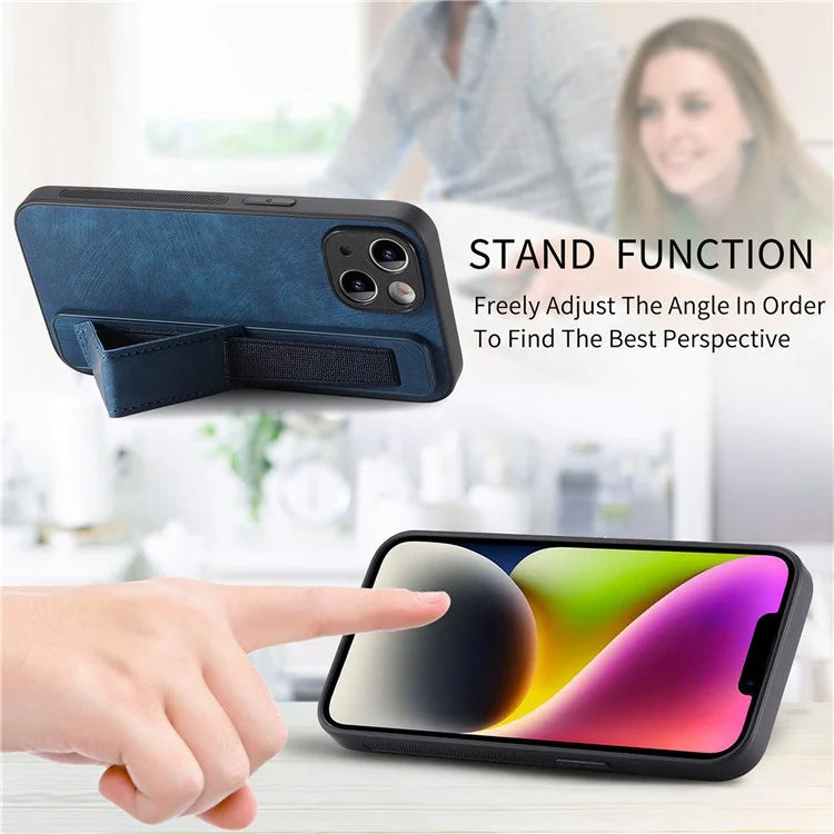 D11 For iPhone 13 6.1 inch Case PU Leather+TPU Wristband Kickstand Phone Cover