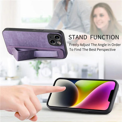 D11 For iPhone 13 6.1 inch Case PU Leather+TPU Wristband Kickstand Phone Cover