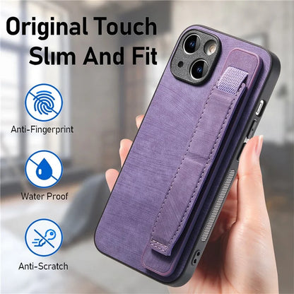 D11 For iPhone 13 6.1 inch Case PU Leather+TPU Wristband Kickstand Phone Cover