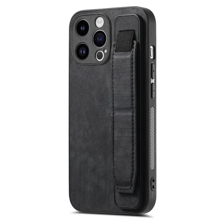 D11 For iPhone 13 Pro Case Wristband Kickstand Leather Coated TPU Phone Cover