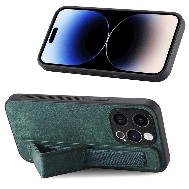 D11 For iPhone 13 Pro Case Wristband Kickstand Leather Coated TPU Phone Cover