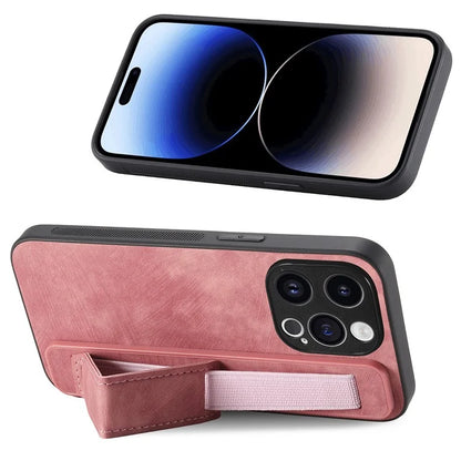 D11 For iPhone 13 Pro Case Wristband Kickstand Leather Coated TPU Phone Cover